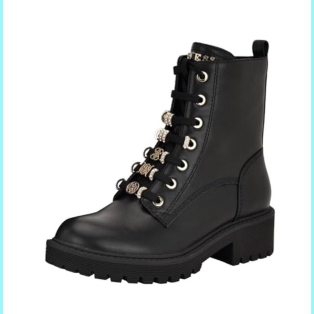 GUESS Women's Sionaa Faux Leather Combat Bootie Ankle Boots Lace-Up Charm